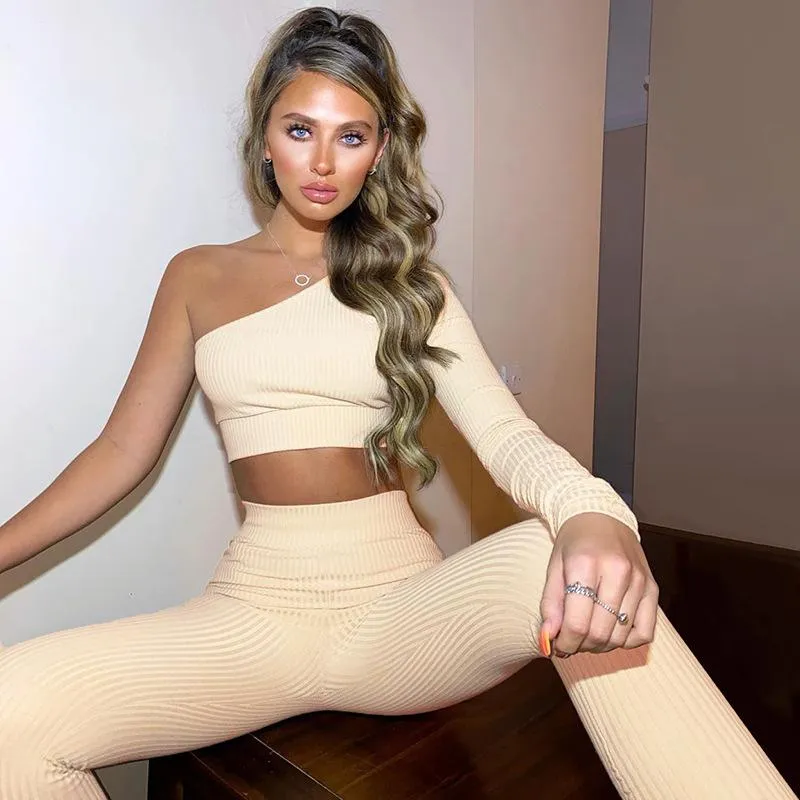 Women One Shoulder Full Sleeve Crop Top Sporty Leggings