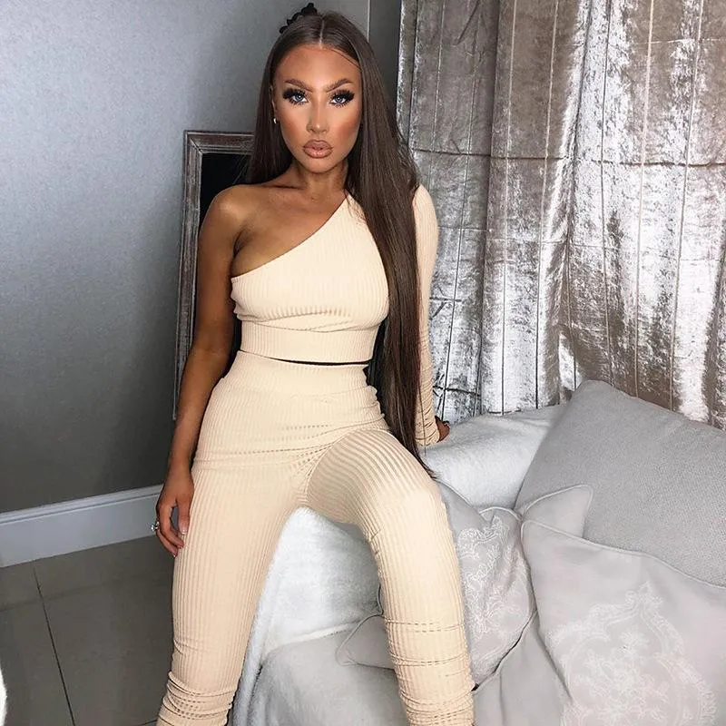 Women One Shoulder Full Sleeve Crop Top Sporty Leggings