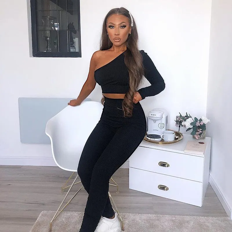 Women One Shoulder Full Sleeve Crop Top Sporty Leggings
