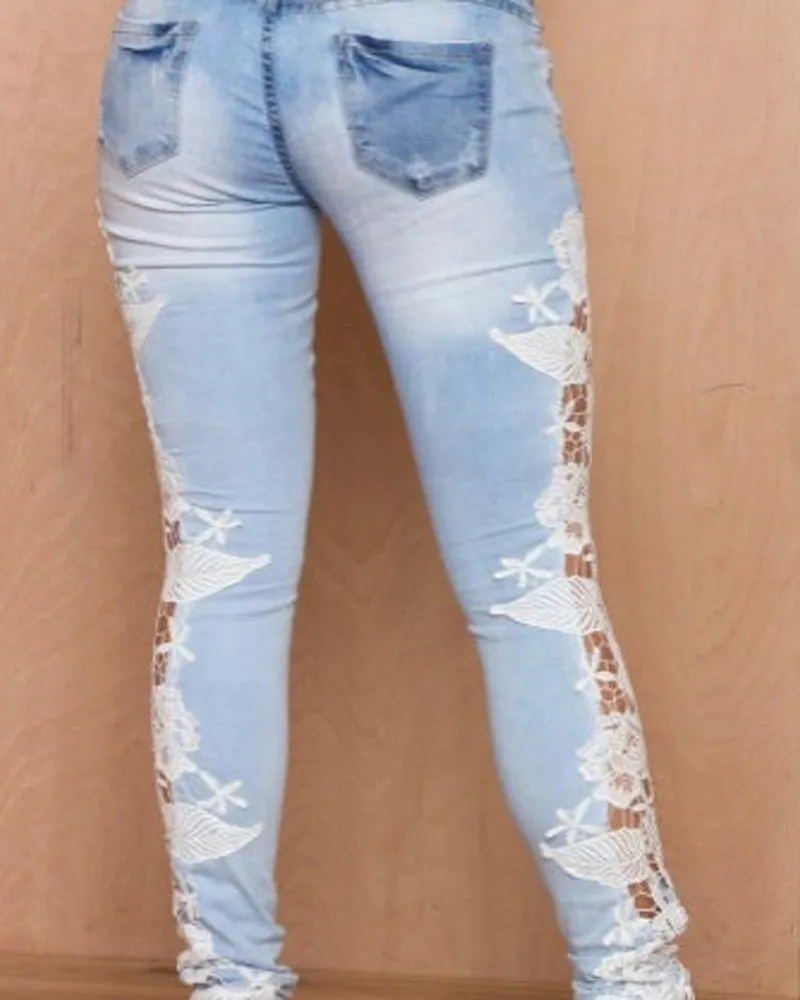 Women's Lace Trim Floral Jeans